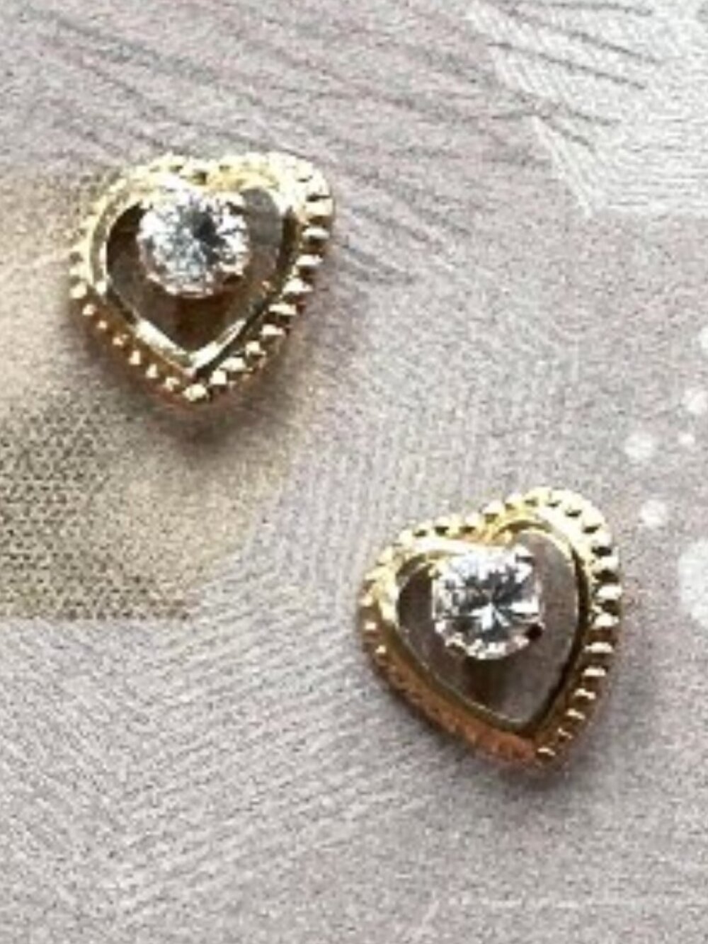 14K Yellow Gold Pierced Earring Pink Cubic Zirconia & Clear Heart Stud Womens